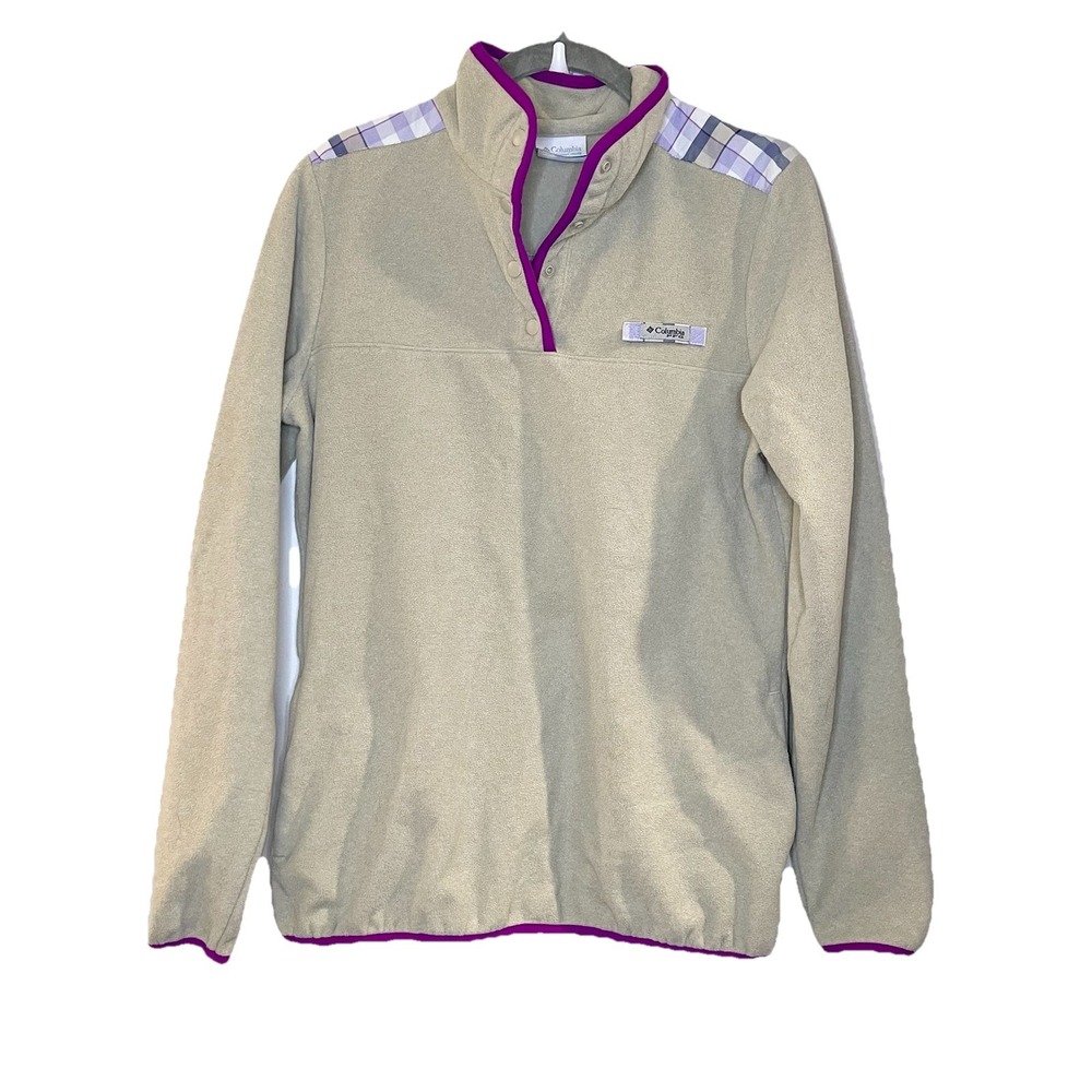 Columbia Pullover Womens S Beige Purple Fleece PFG Plaid Snap T Front Outdoor‎